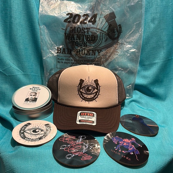 Bad Bunny Trucker Hat & Coasters. Mist Wanted Tour VIP Bag - Picture 1 of 4